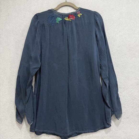 Johnny Was Tunic Shirt Womens Medium Blue Embroidered Floral Boho Peasant Top - Picture 13 of 15